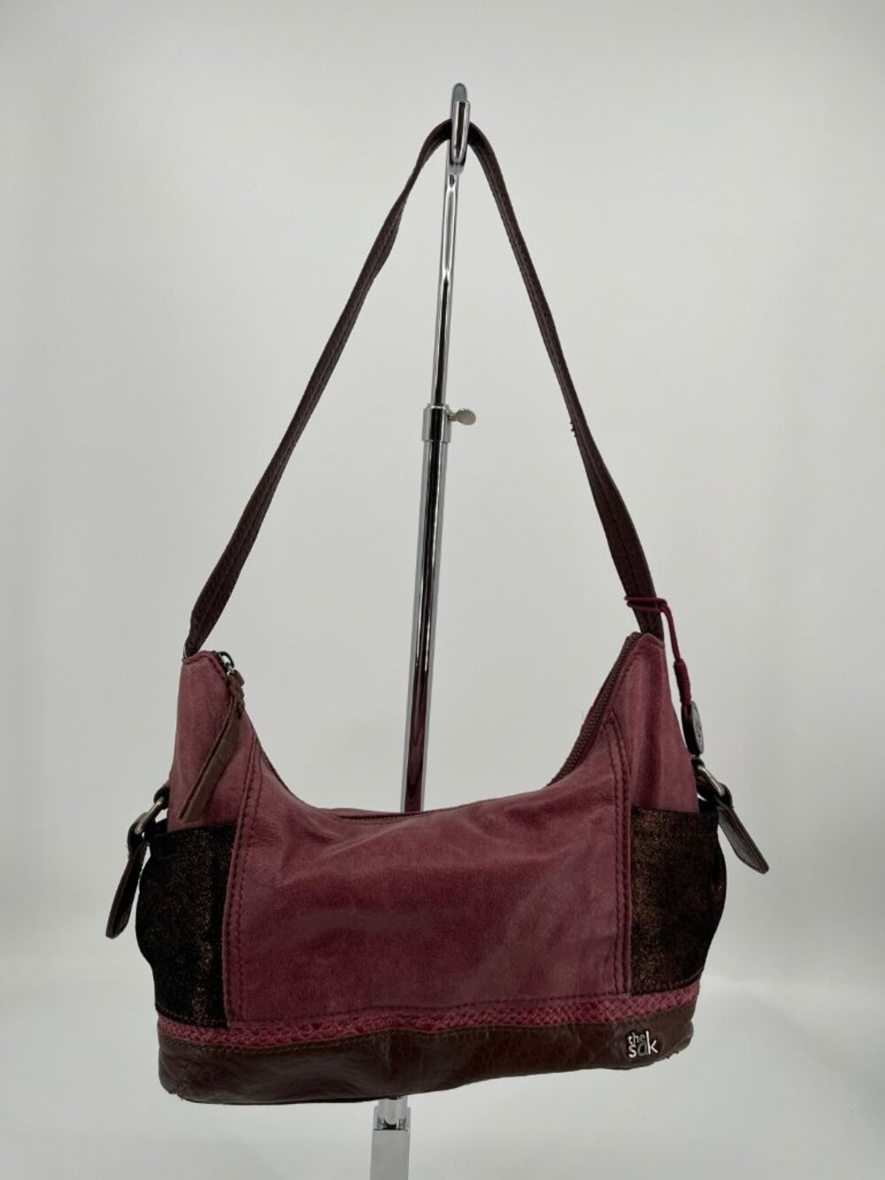 The Sak Kendra Leather Hobo Shoulder Bag Maroon Brown Colorblock Purse